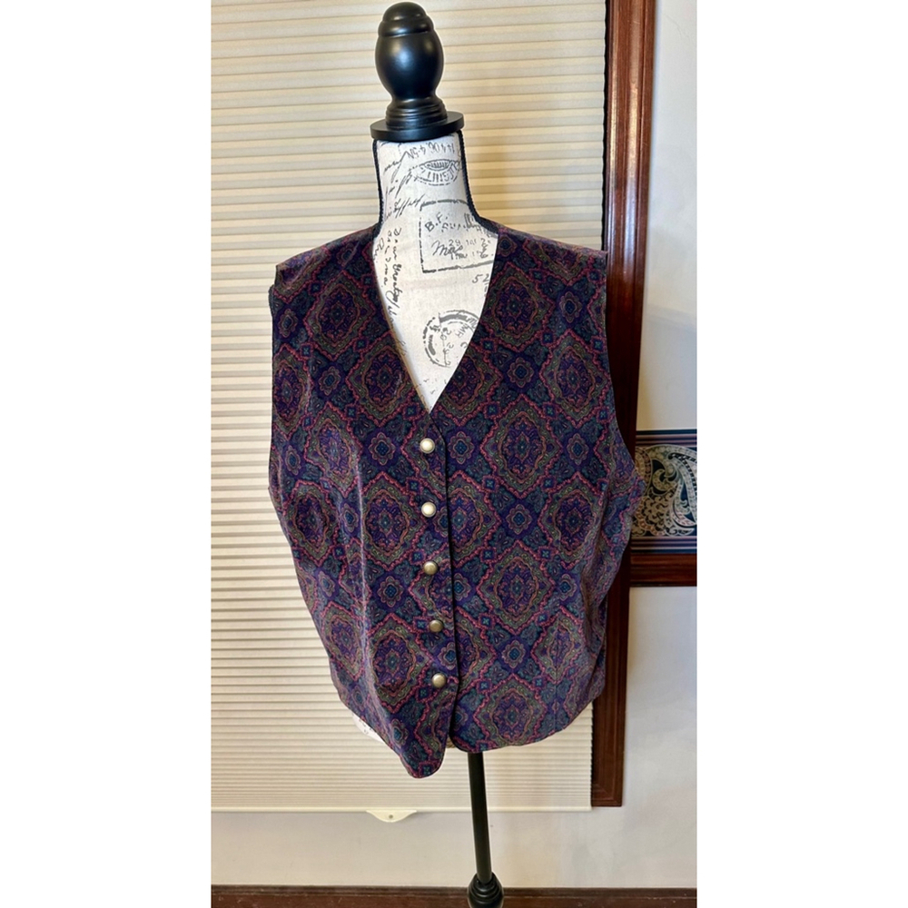 VINTAGE Talbots XL (runs small) Paisley Velvet Vest with Gold Brass Buttons